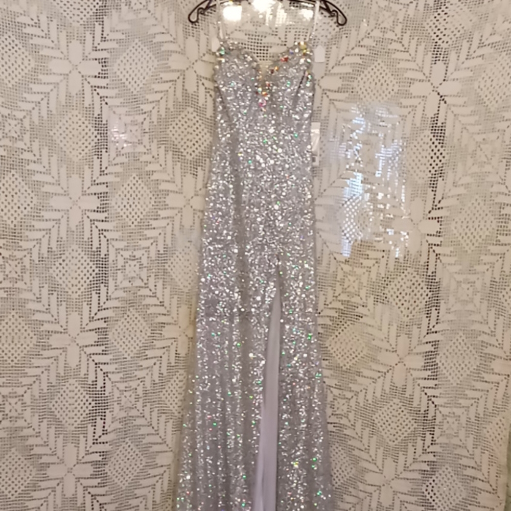 Night Moves Prom Collection Silver Sequin Strapless Gown